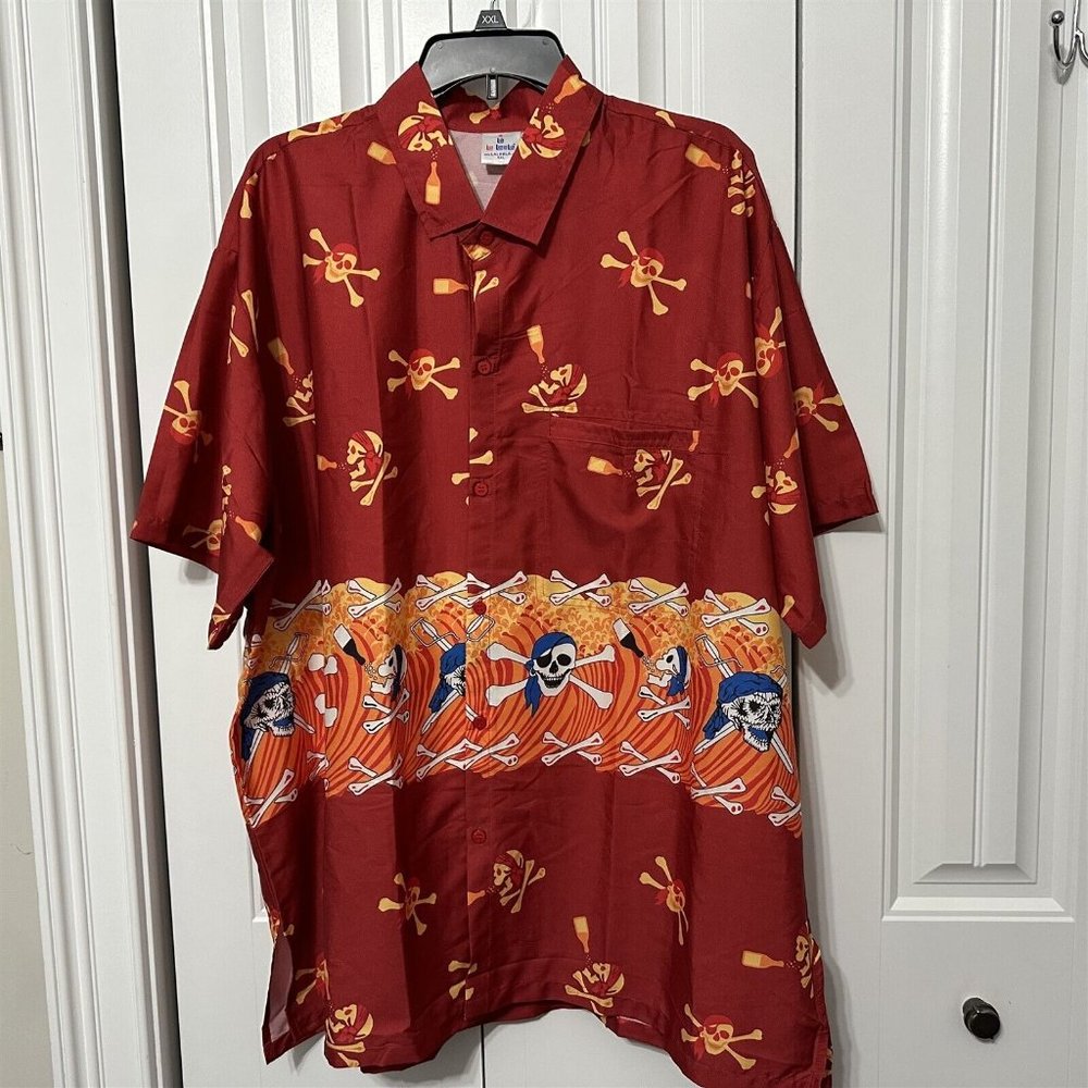 LA LEELA Hawaiian Shirt Mens Button Down Pocket Pirate Skeleton Red Orange